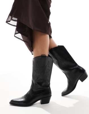 Pull & Bear faux leather topstitched western boots in black