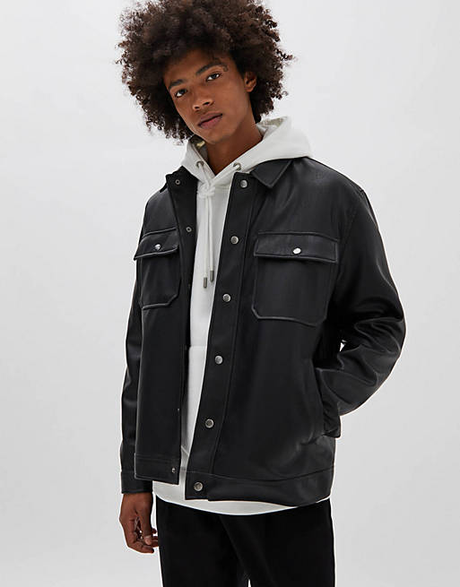 Pull&Bear faux leather trucker jacket in black | ASOS