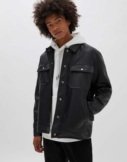 Pull Bear faux leather trucker jacket in black