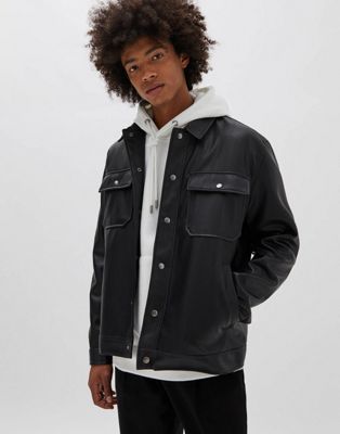 Pull&Bear faux leather trucker jacket in black
