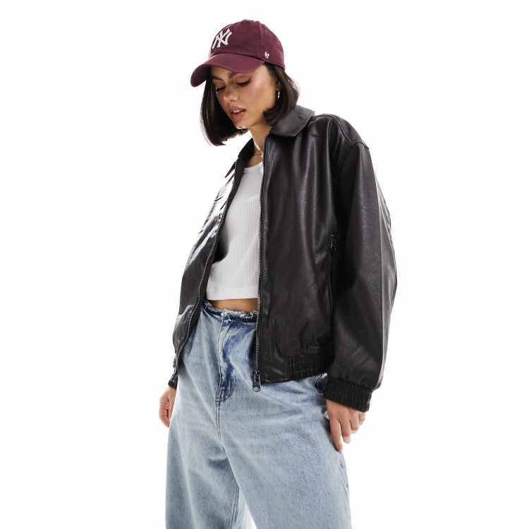 Dolce Gabbana supermodel Printed T shirt ClassicfuncenterShops Pull Bear faux leather vintage style Dad jacket in chocolate brown