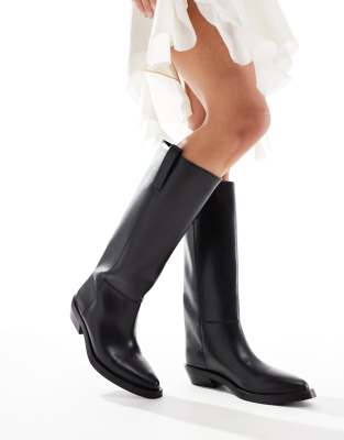 Pull & Bear faux leather western knee high boots in black