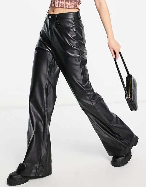 Pull Bear faux leather wide leg trousers in black ASOS