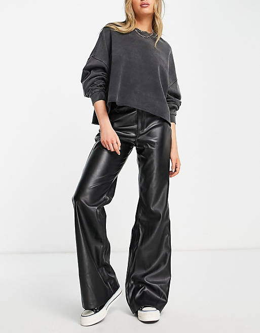 Women Pull&Bear faux leather wide leg trousers in black 