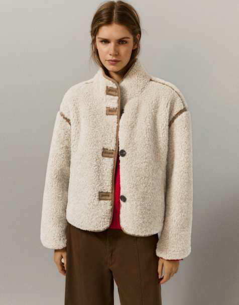 Pull&Bear faux shearling funnel neck jacket in beige - view 1