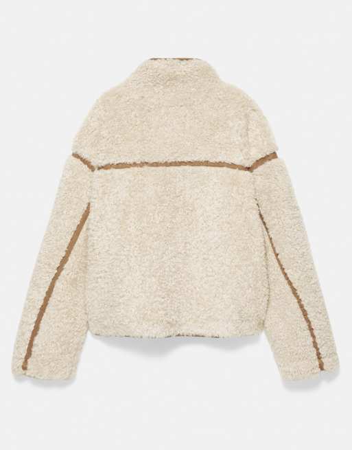 Pull&Bear faux shearling funnel neck jacket in beige, 7 of 7