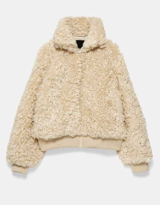 Pull&Bear Faux shearling high neck jacket in sand, 4 of 6