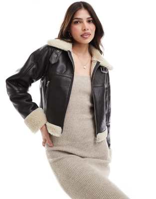 faux shearling trim aviator jacket in chocolate brown