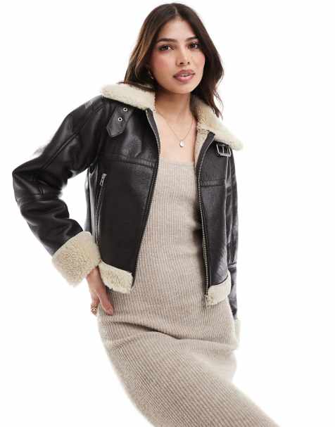 Pull&Bear faux shearling trim aviator jacket in chocolate brown - view 1
