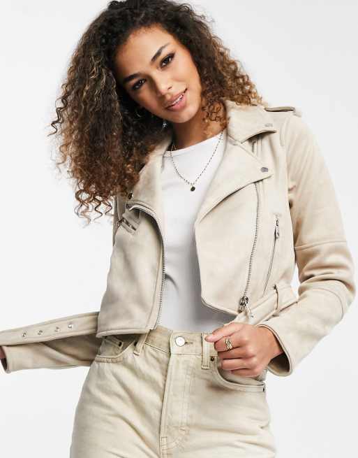 Pull Bear faux suede biker jacket in beige