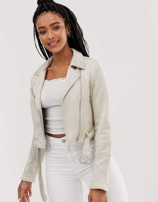 Pull Bear faux suede biker jacket in cream