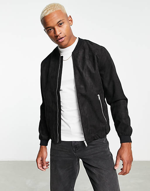 Pull&Bear faux suede bomber in black | ASOS