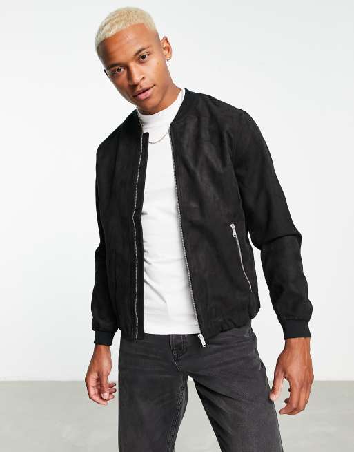 FAUX SUEDE BOMBER JACKET - Black