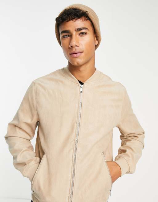 Pull Bear faux suede bomber jacket in beige