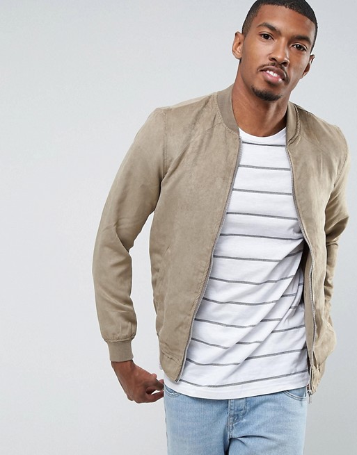 Pull&Bear | Pull&Bear Faux Suede Bomber Jacket In Stone