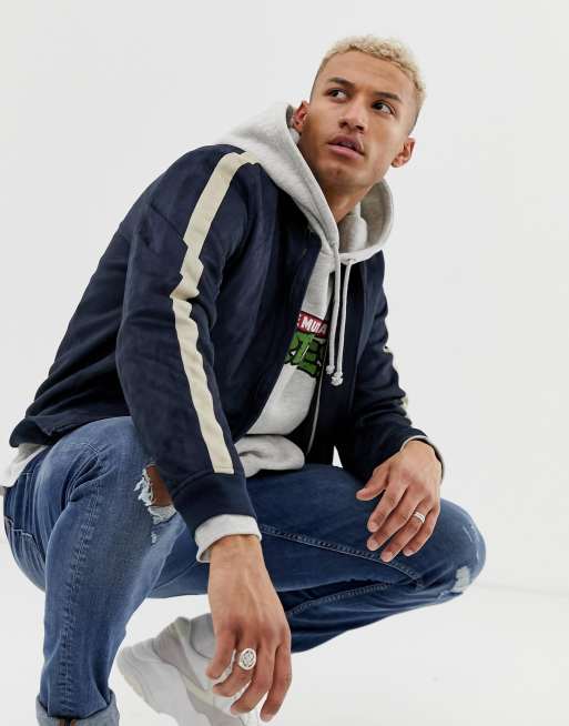 Pull&bear bomber jacket in 2025 navy with side stripe