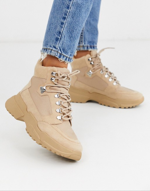 Pull&Bear faux suede chunky hiker boots in taupe