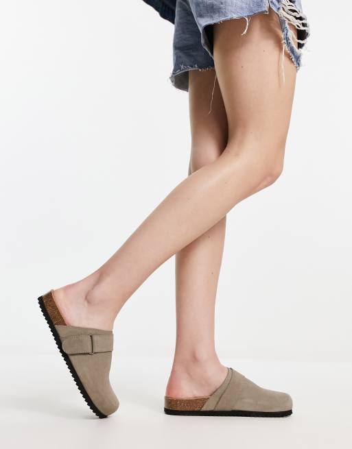 Pull&Bear faux suede clogs with buckle in stone