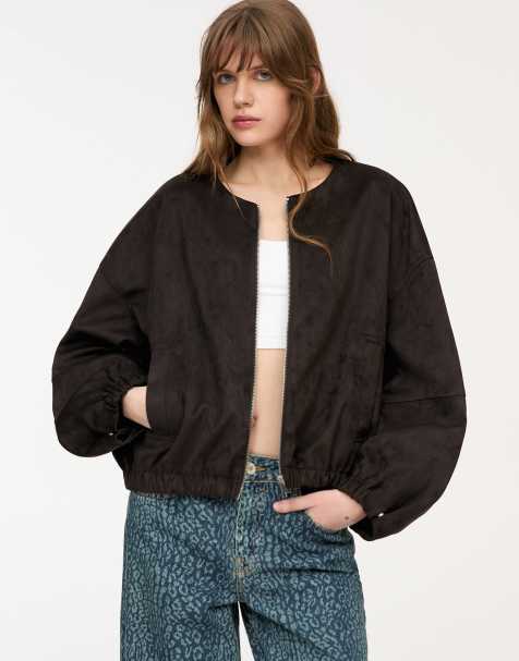 Pull&Bear faux suede collarless bomber jacket in brown - view 1