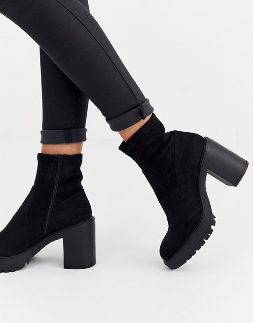 Pull&Bear faux suede heeled sock boots in black