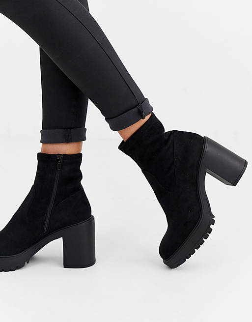 Pull&Bear faux suede heeled sock boots in black | ASOS