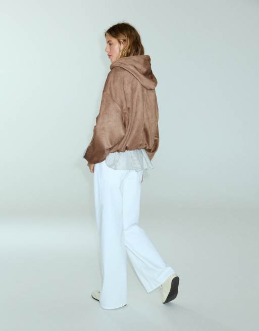 Pull&Bear Faux suede hooded bomber jacket in mink, 2 of 7