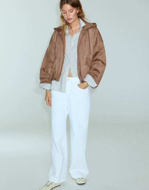 Pull&Bear Faux suede hooded bomber jacket in mink, 4 of 7