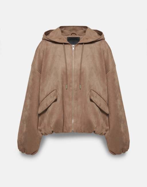 Pull&Bear Faux suede hooded bomber jacket in mink, 5 of 7