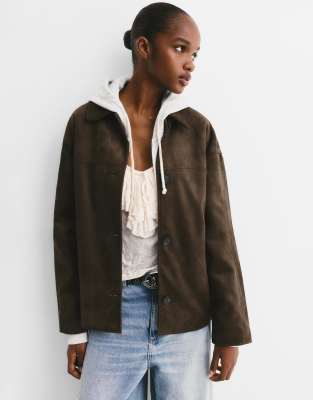 Pull & Bear Faux Suede Jacket In Brown