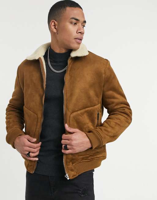 Pull Bear faux suede jacket with borg collar in tan ASOS