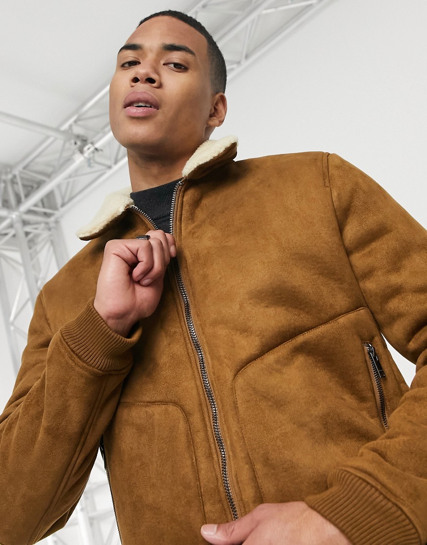 Pull & Bear faux suede jacket with shearling collar in tan-Brown