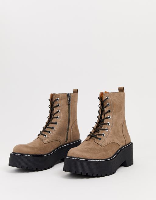 Pull Bear faux suede lace front chunky sole boots in taupe