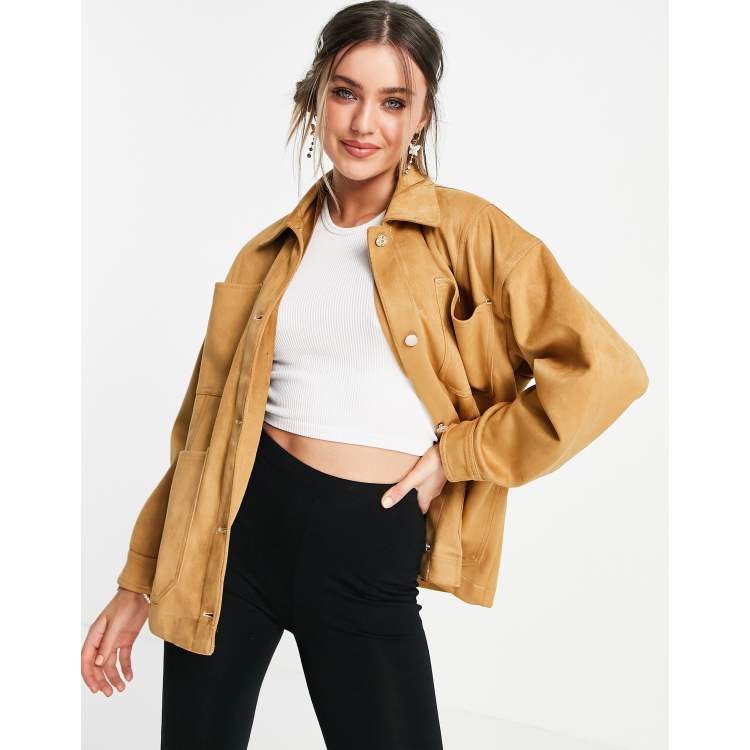 Pull Bear faux suede overshirt shacket in camel