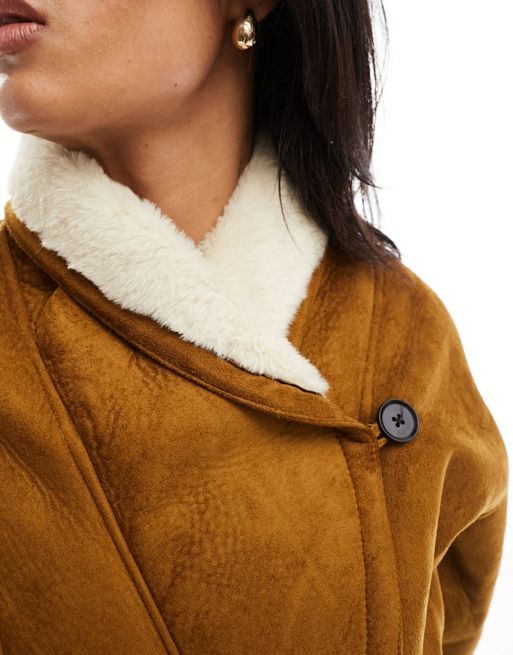 Women's brown faux suede shearling long coat