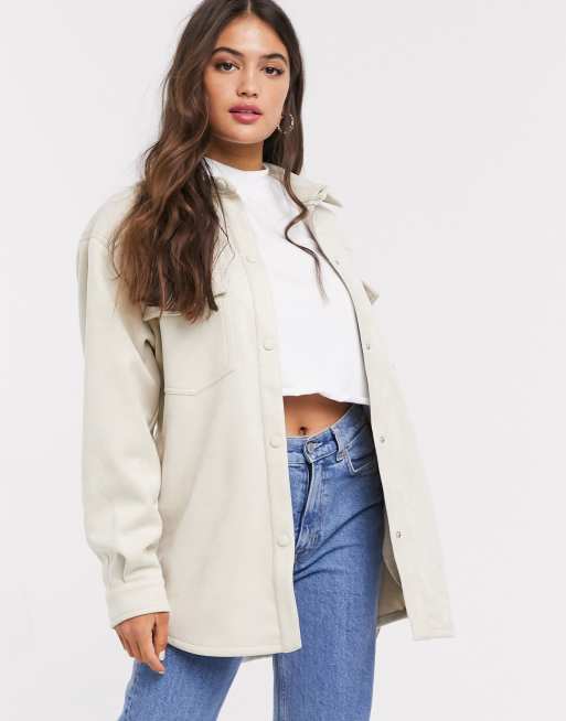 Pull&Bear faux suede shirt jacket in ecru | ASOS