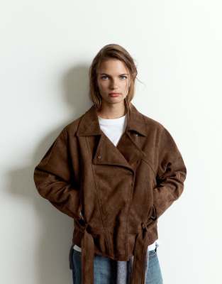 Pull & Bear Faux Suede Short Trench Coat In Brown
