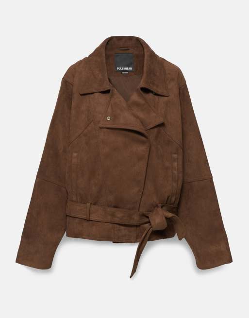 Pull&Bear Faux suede short trench coat in brown, 5 of 7