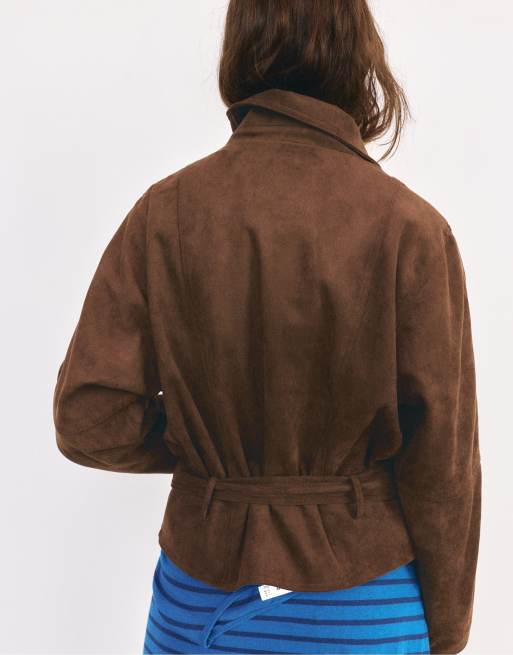 Pull&Bear Faux suede short trench coat in brown, 7 of 7