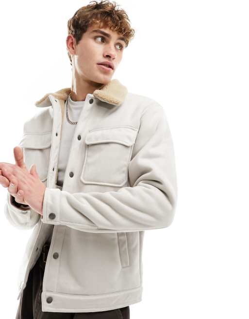 Pull&Bear faux suede trucker jacket in beige