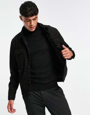 Pull&Bear faux suede trucker jacket in black