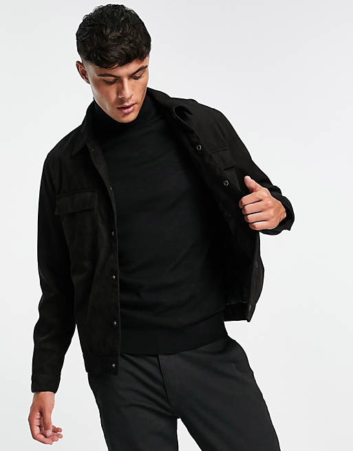 Pull&Bear faux suede trucker jacket in black | ASOS