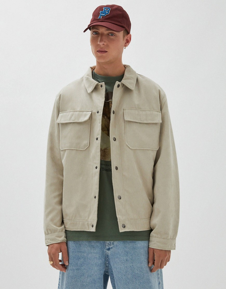 Pull & Bear faux suede trucker jacket in stone-Neutral