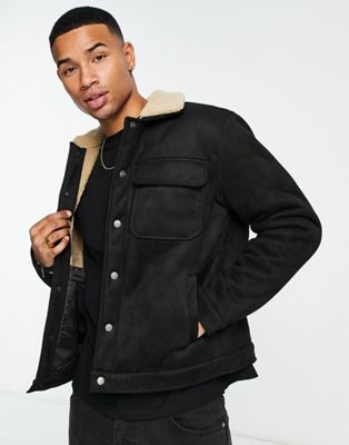 Pull&Bear faux suede trucker jacket with borg lining black