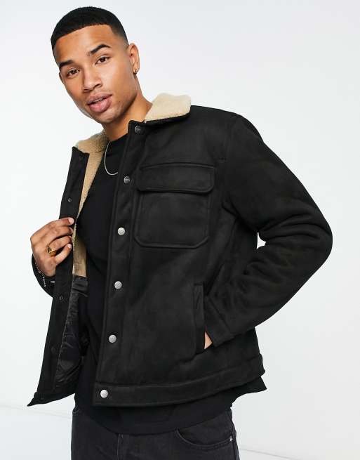 Pull&Bear faux suede trucker jacket with borg lining black | ASOS