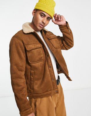 Pull & Bear faux suede trucker jacket with teddy lining in brown