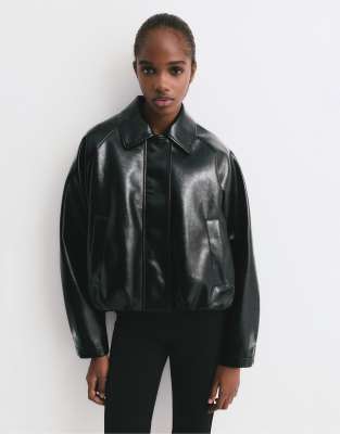 Pull & Bear Faux Vinyl Bomber Jacket In Black
