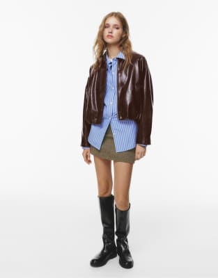 Pull & Bear Faux Vinyl Bomber Jacket In Red