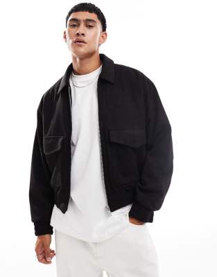 faux wool bomber jacket in black-Brown