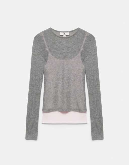 Pull&Bear feines T-Shirt mit doppelter Lage in Graumeliert, 6 von 7