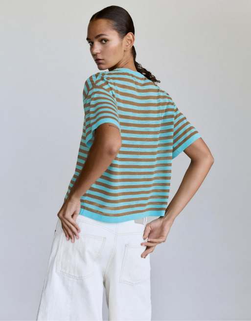 Pull&Bear Feinstrick-Pullover mit Streifen in Türkis, 2 von 7